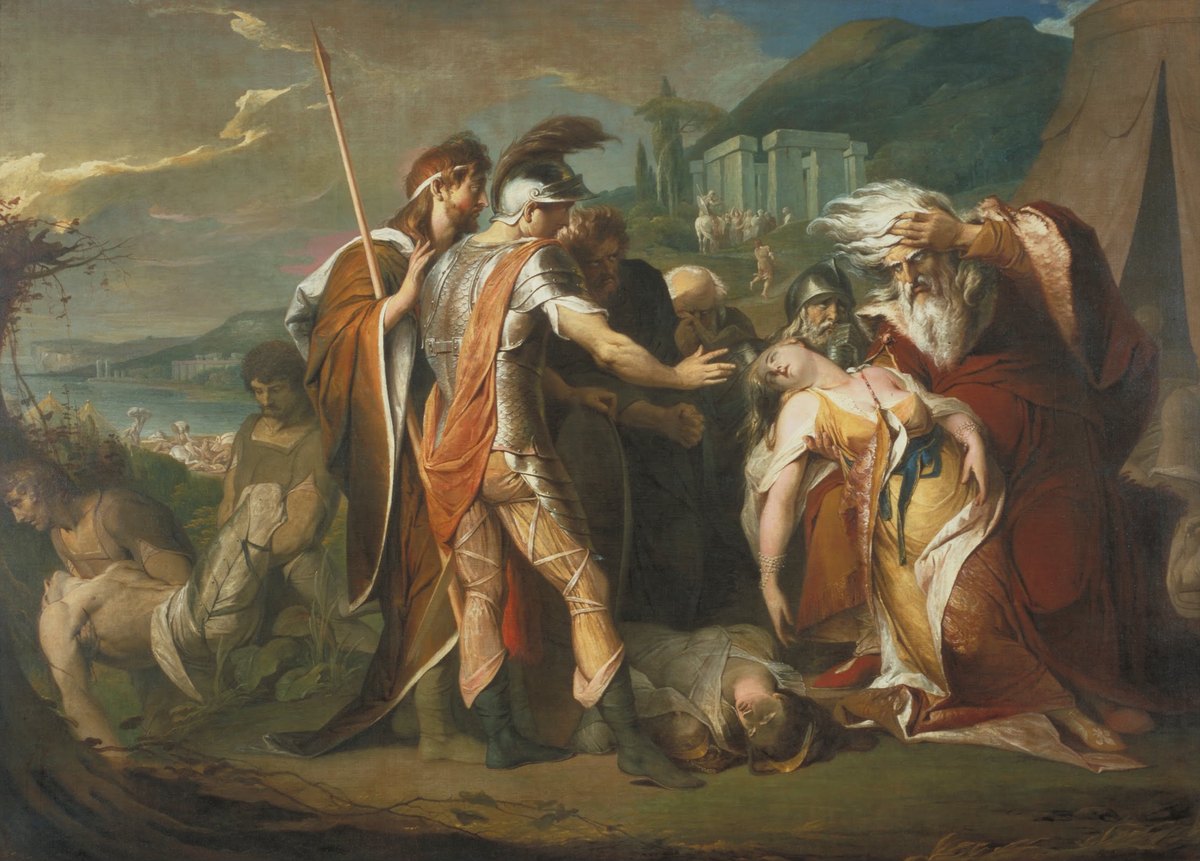 James Barry’s painting of the final scene: Lear kneeling at right, white-haired, one hand raised to his head, Cordelia’s body across his lap, soldiers and mourners around them